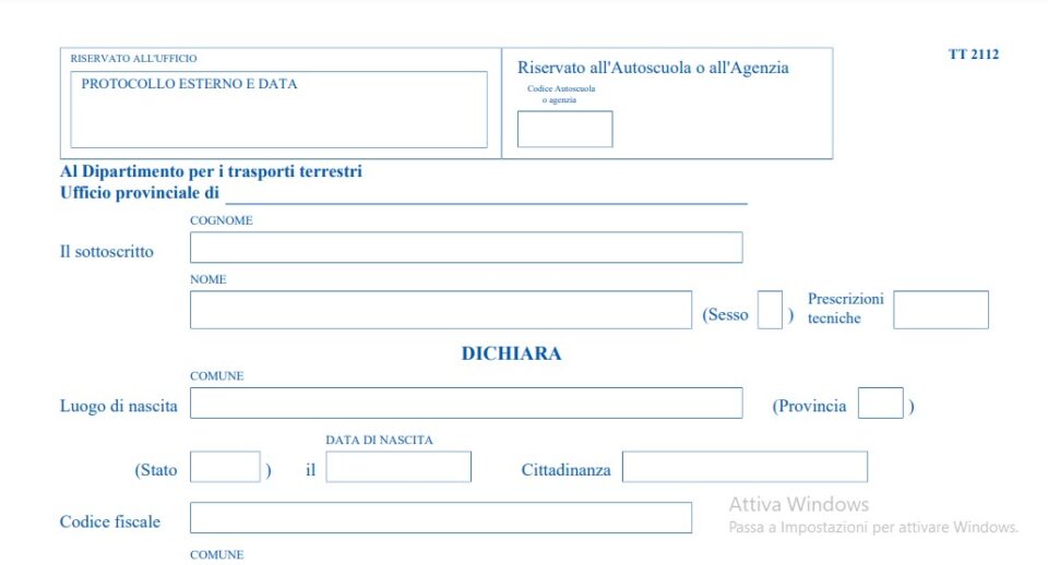 Modulo T2112 per iscrizione alla patente