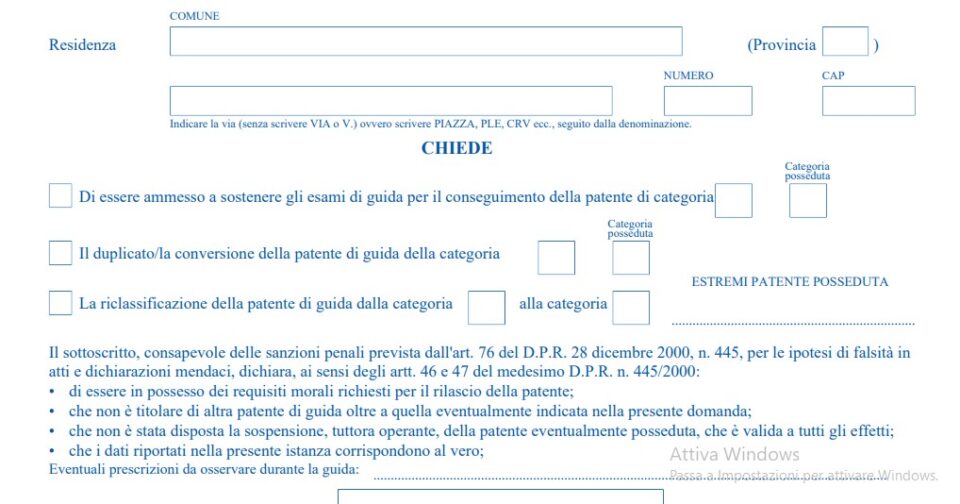 Seconda parte modulo T2112 iscrizione prova di teoria privatista B, A, motorizzazione sassari