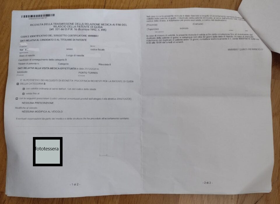 Certificato medico iscrizione patente foglio rosa