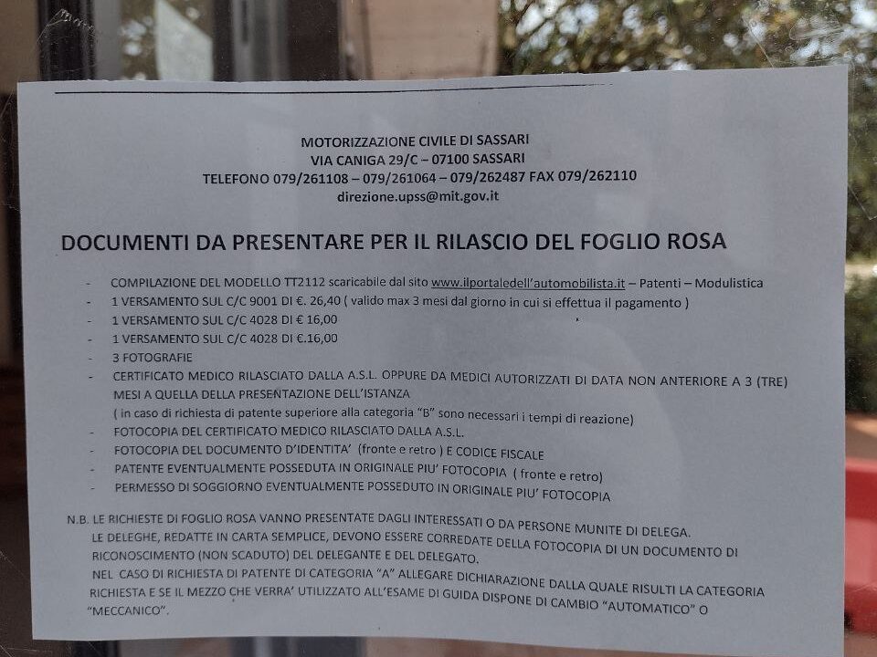 Documenti necessari iscrizioni patente motorizzazione di sassari, documenti da presentare per il rilascio del foglio rosa. motorizzazione civile di sassari foglio rosa.